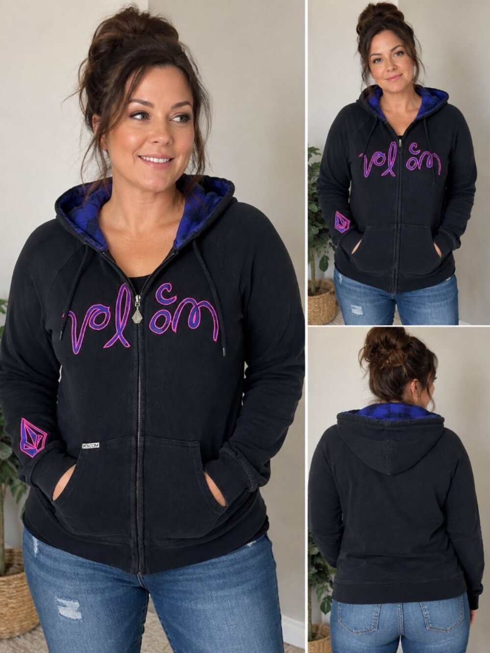 Volcom Reversible Y2K Blue Plaid Black Zip Hoodie Size M